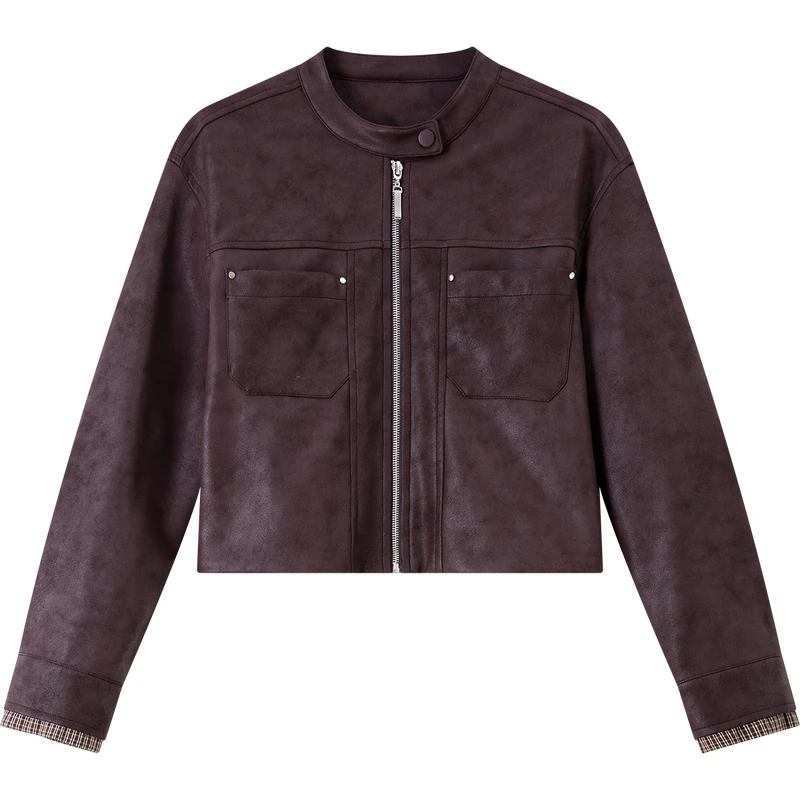 Kurtka damska VIMLY ze sztucznej skóry, codzienna, z okrągłym dekoltem, łączona z płóciennym wzorem w kratę, skórzany płaszcz zimowy 2025, pikowane mankiety, zapinana na klamrę, odzież damska A3307