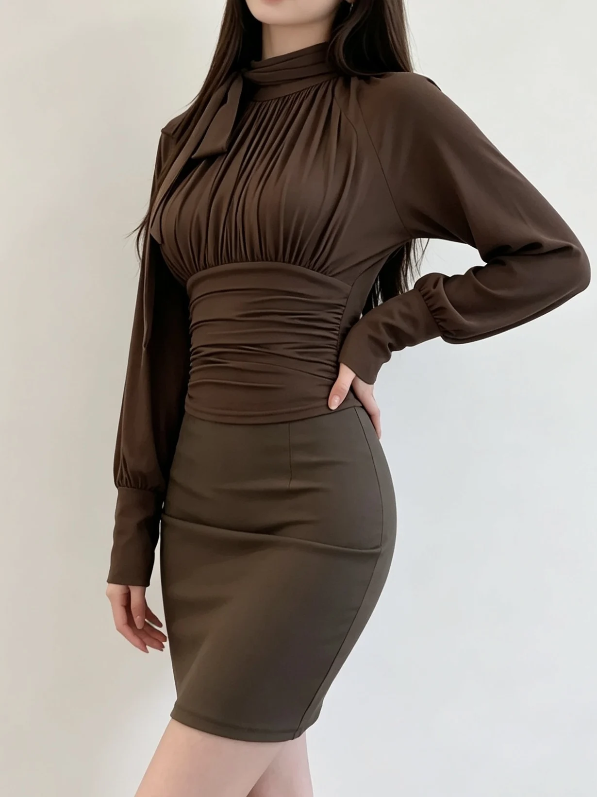 Women's Long Sleeve T-Shirt Gathered Waist Small Stand Collar Base Shirt Spring Autumn High Grade Sensation Slim Short Style