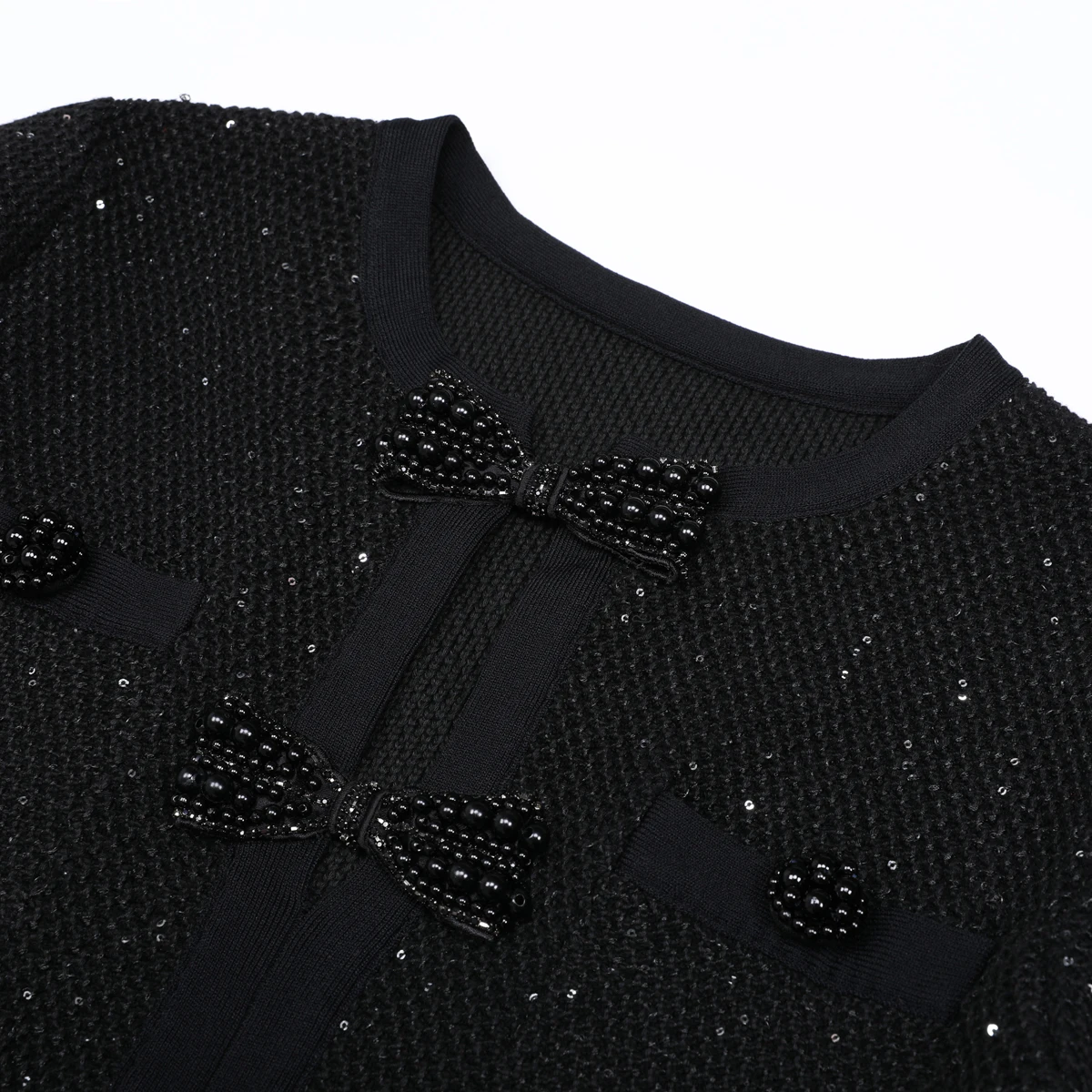 25289 High-quality New Elastic Knitted Round Neck Slim Fit Butterfly Heavy Industry Nail Bead Long Sleeved Women's Dress