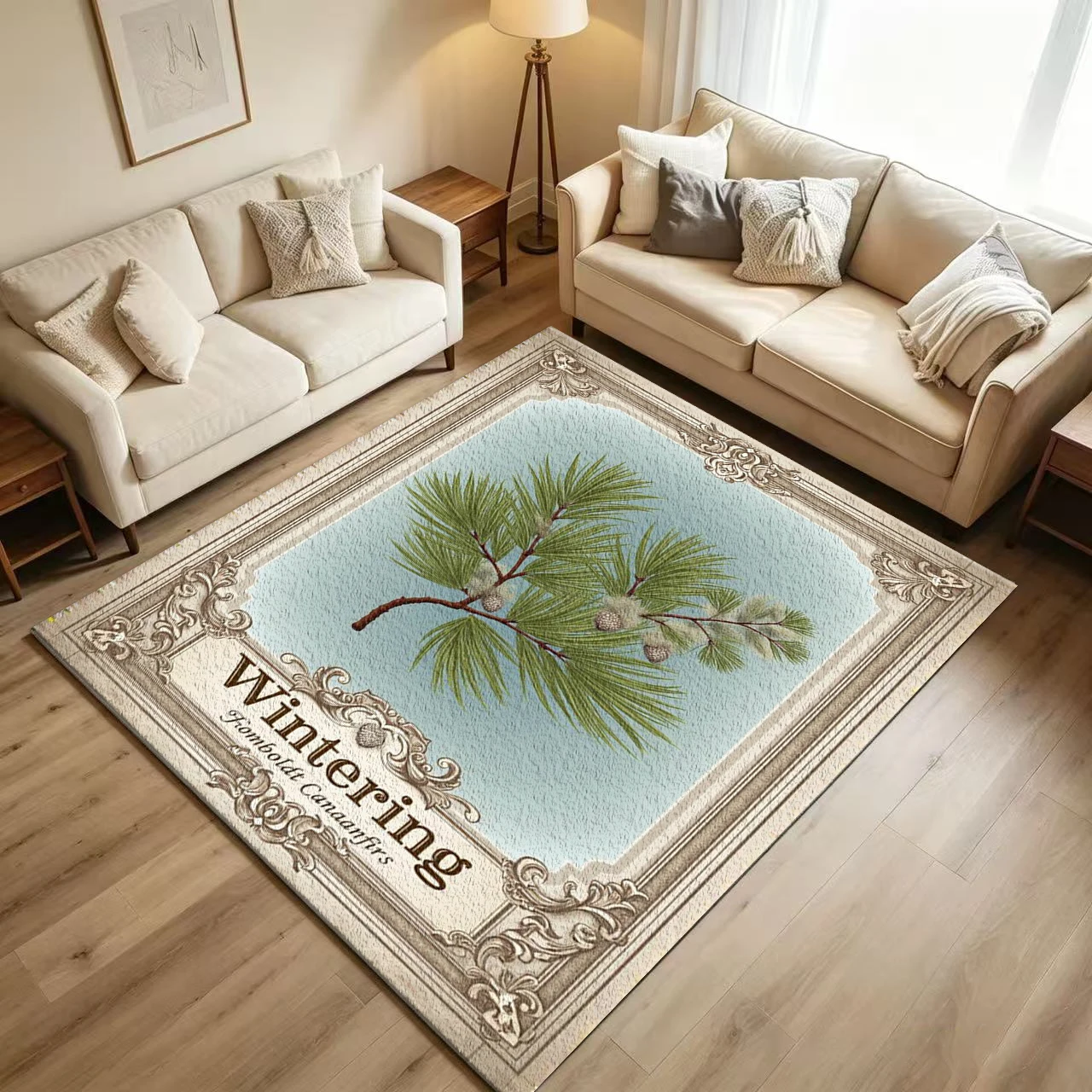 Vintage Pine Branch Botanical Art Carpet Flooring Retro Plant Illustration Printed Floor Rug for Home Indoor Wall Floor Decoration