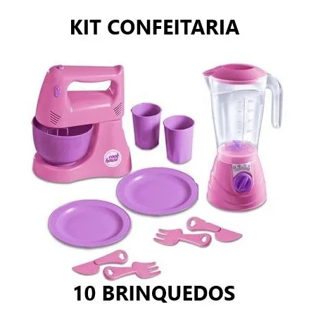 Kit Cozinha Infantil Confeiteiro with 10 Brinquedos Liquidificador, Batedeira, 2 Pratos + 2Talheres + 2Copos Cozinha Dive