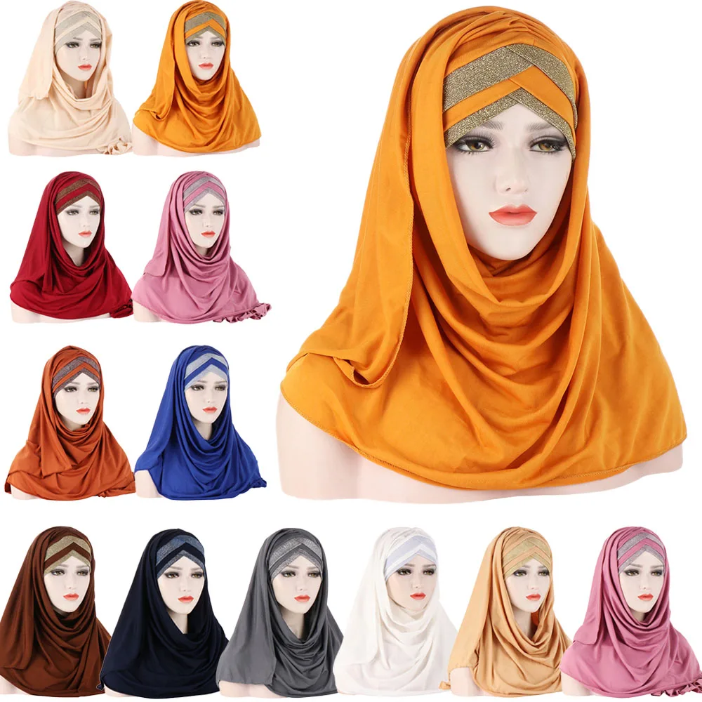 

Muslim Instant Scarf Plain Hijabs Shiny Shawls Wraps Femme Musulman Hijab Ready To Wear Turban Women Headscarf Scarves Islamic