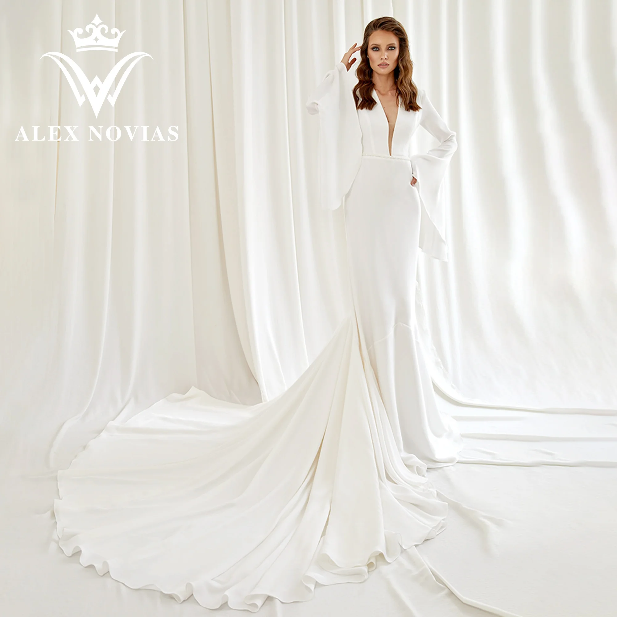 

ALEX NOVIAS Mermaid Wedding Dress With Belt 2023Flare Sleeve Deep V-Neckline Bow Flowy Soft Satin Dress Vestidos Novias De Saten