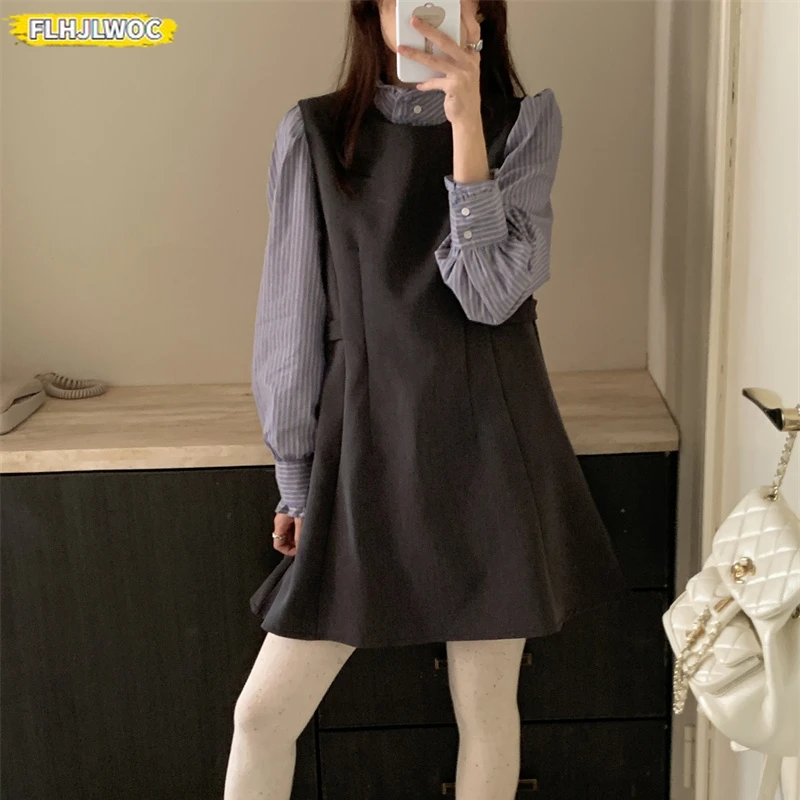 Chic Korea All-Match Outfits Sleeveless Dresses New Year Date Girls Cute Sweet Japan Preppy Style Design Striped Shirt Dress