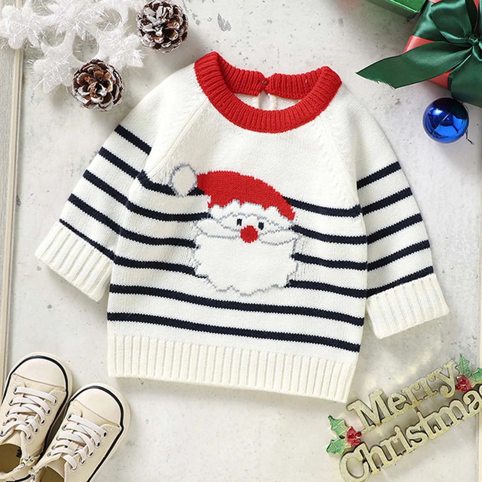 

New Baby Christmas Cute Santa Jacquard Knit Sweater Autumn Winter Knitted Children Clothing Hot Selling Top For Baby Girls Boys