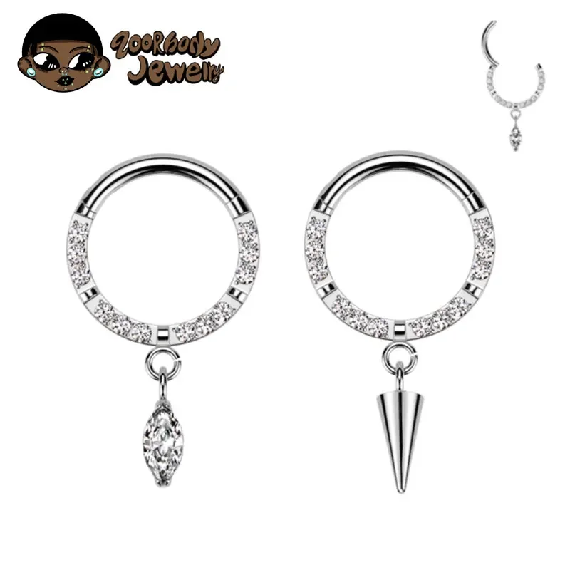 ASTM F136 Titanium Nose Ring Septum Clicker Pendant CZ Round Earring Hoop Women Tragus Cartilage Helix Conch Piercing Jewelry