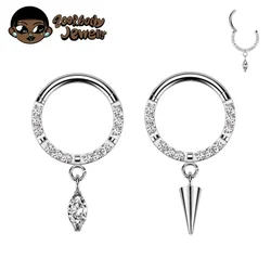 ASTM F136 Titanium Nose Ring Septum Clicker Pendant CZ Round Earring Hoop Women Tragus Cartilage Helix Conch Piercing Jewelry