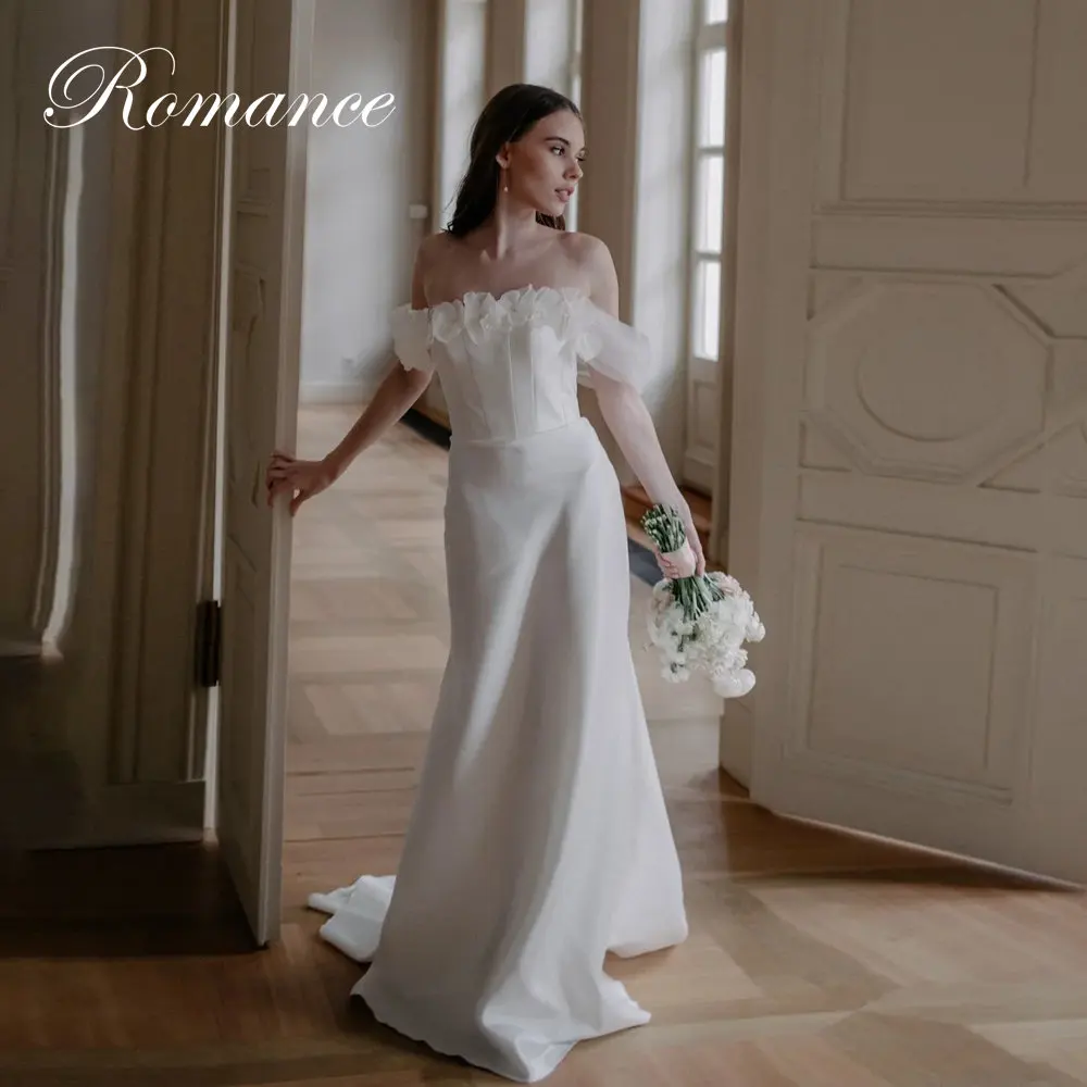 Gaun Pengantin A-Line Modern Motif Bunga Wanita 2026 Tanpa Tali Model Off Shoulder Sweep Train Punggung Terbuka Vestidos De Novia Dapat Disesuaikan