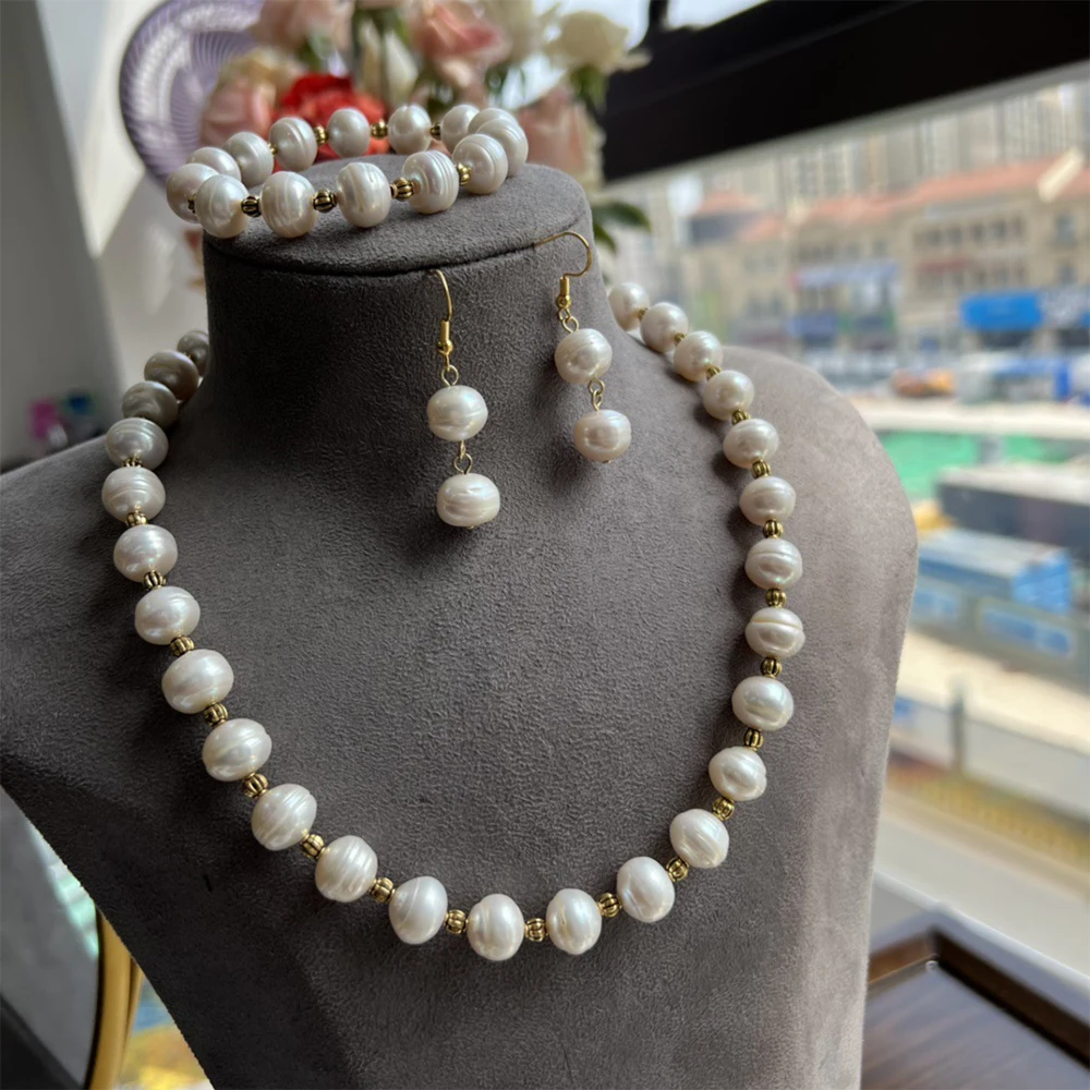 Conjunto de joias vintage Freshwater Baroque Pearl para mulheres e meninas, conjunto pulseira e brincos, moda