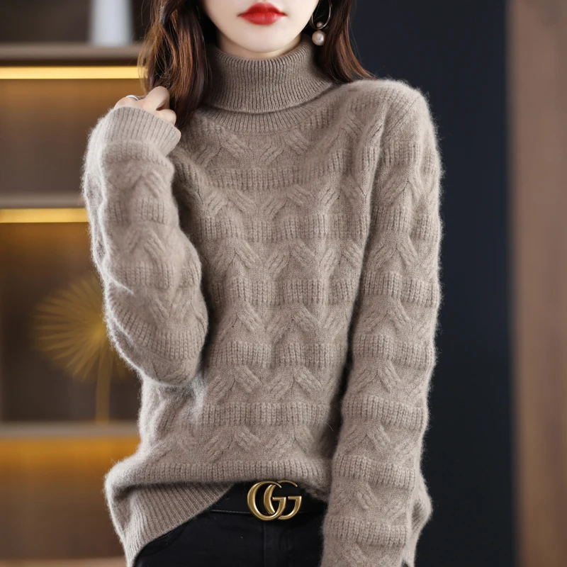 Autumn Winter 100% Pure Wool Soft Thickening Sweater Women Jacquard High Lapel Solid Pullover Basis Casual Cashmere Knit Top