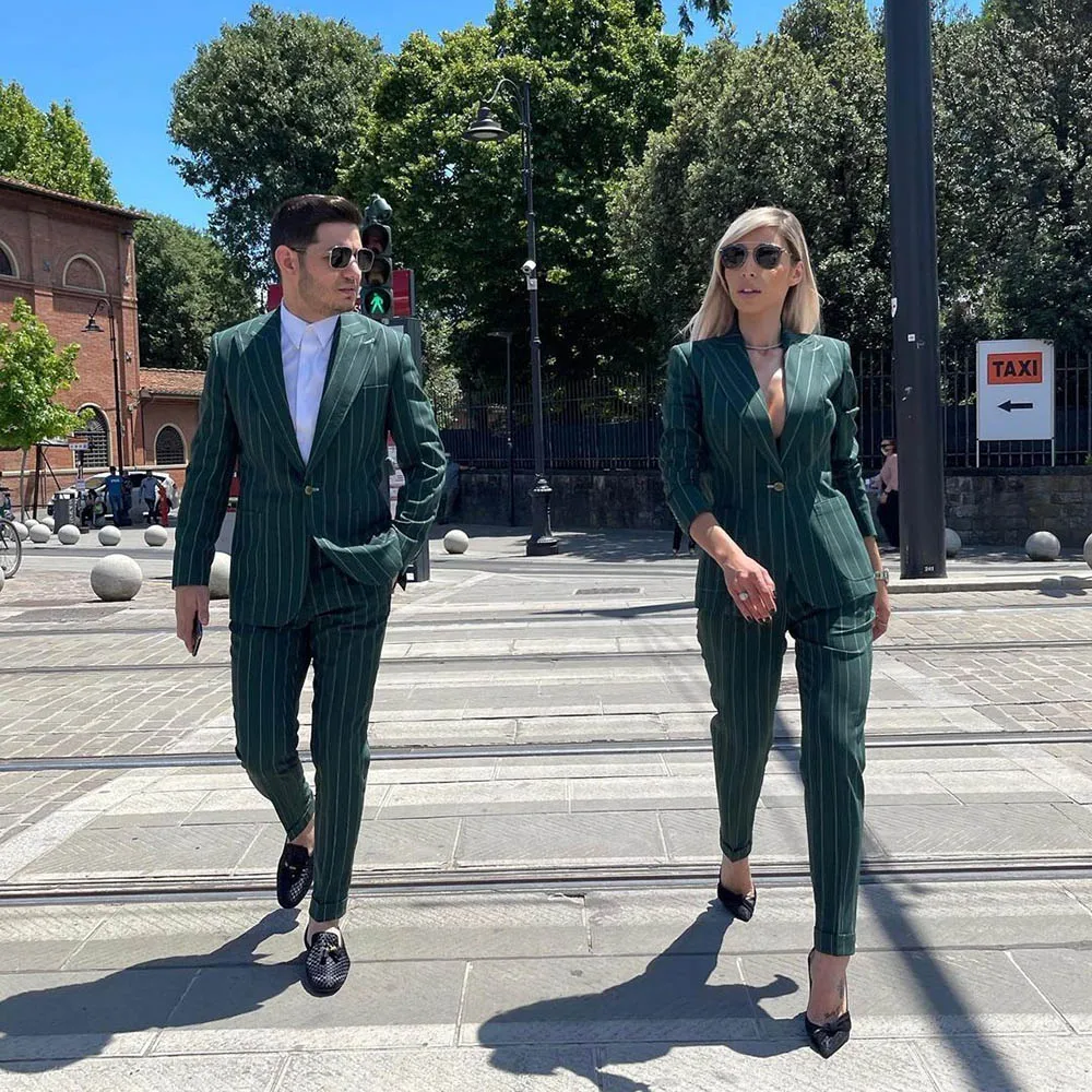 Slim Fit Green Stripe Men Suits Couple Clothing One Button Peaked Lapel Luxury Prom Party 2 Piece Jacket Pants Full Set Blazer