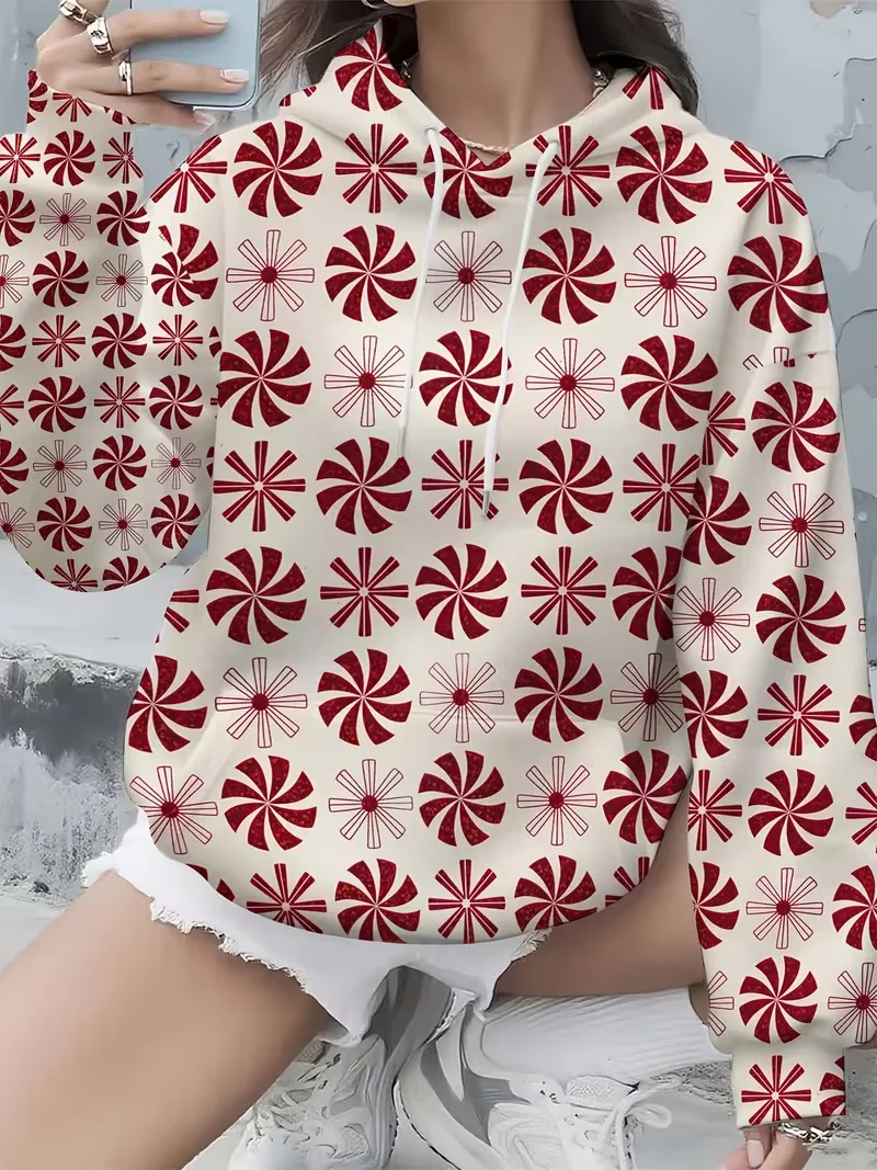 Casual Christmas Snowflake Hoodied Tops Women 3D Pattern Sweatshirt Tops Autumn Winter New Long Sleeve Hooded Top Plus Size 3XL