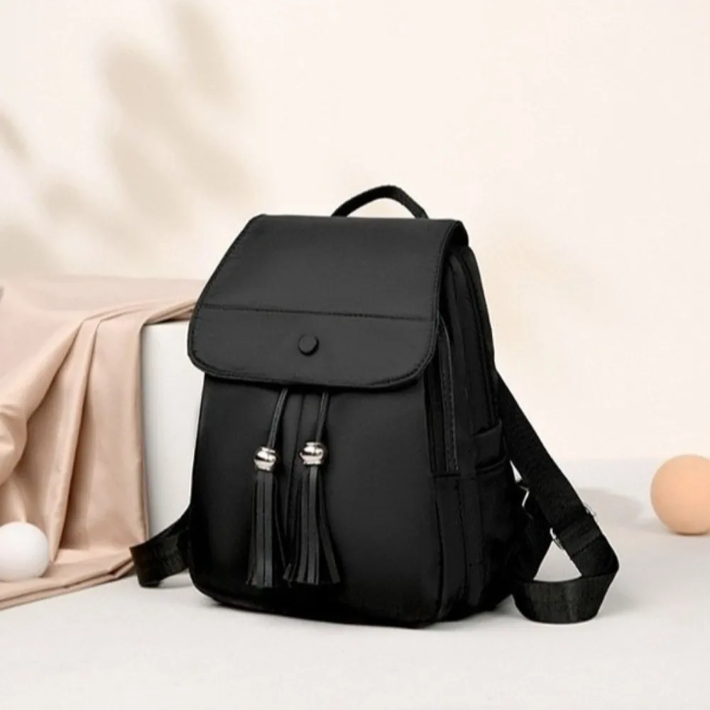 Large Capacity Nylon Black Backpack Lightweight Solid Color Simple School Bags Durable Multi-pocket Ladies Rucksack Travel