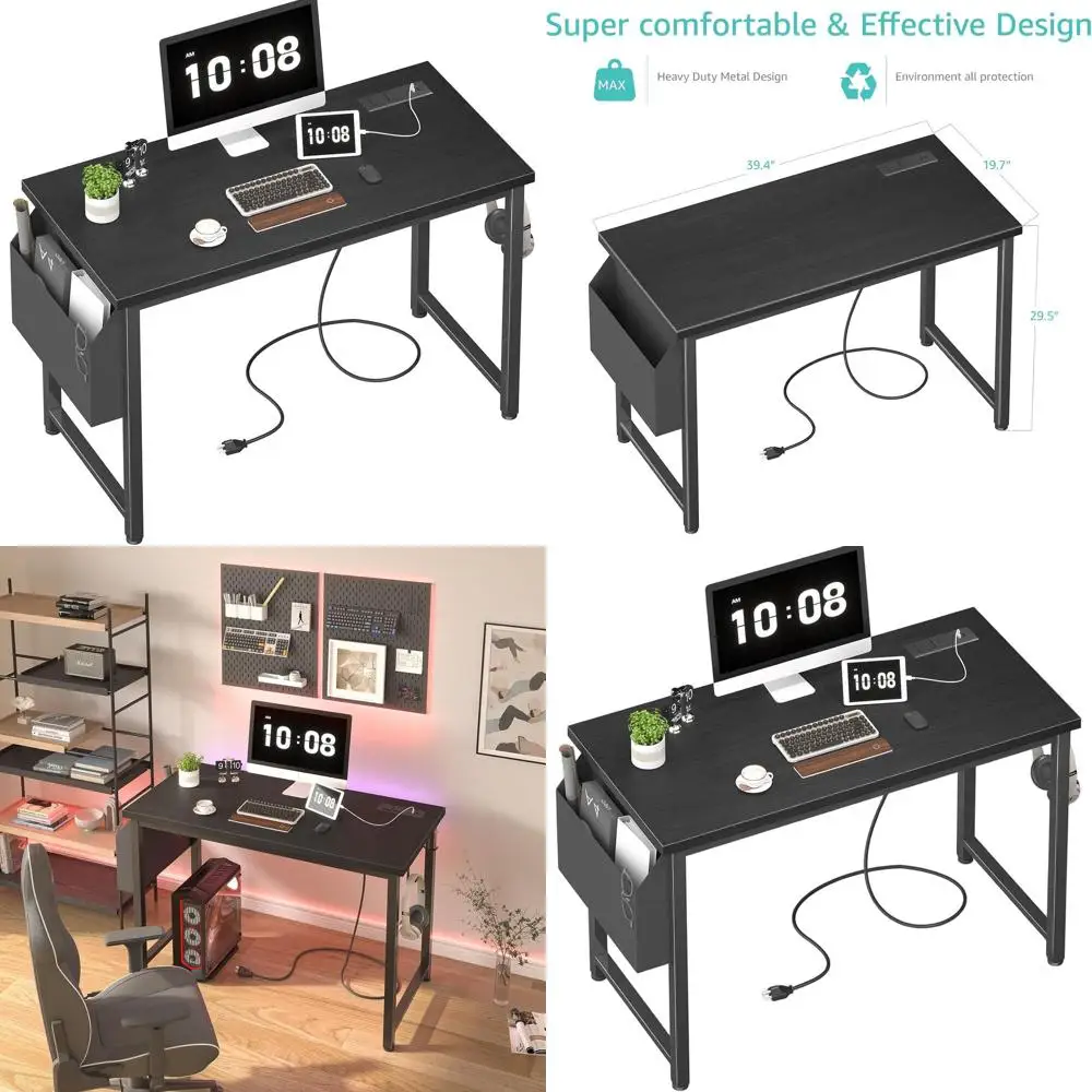 39 inch Computer Desk with Power Outlet, 40 inch Teen Study Table Home Office Work Writing Desks with Charging Station Outlets B