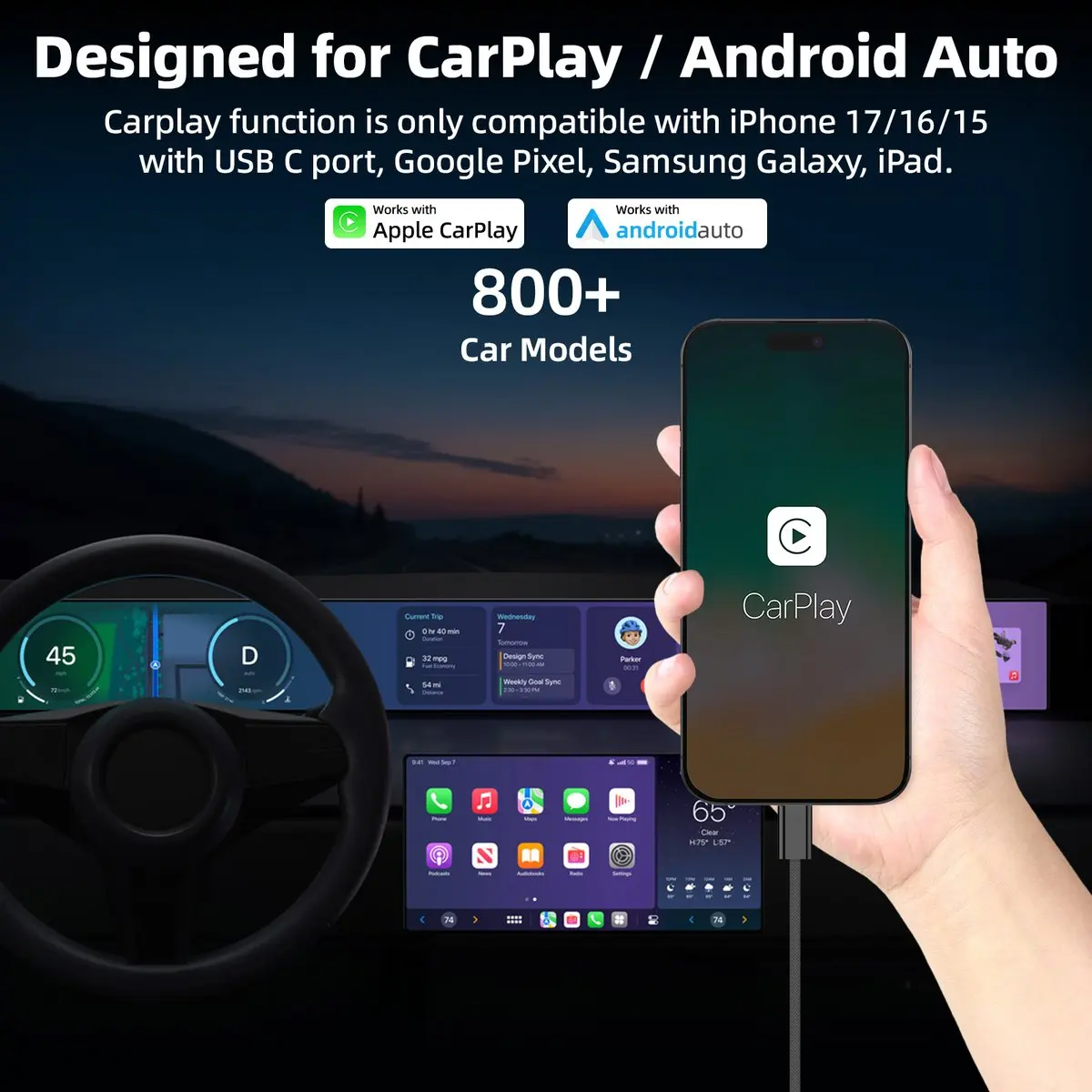 USB Type C Car Carplay Cable for iPhone 17/16/15 Series, Android Auto Braided Cord Data Transfer Charge Cable for Samsung/Google