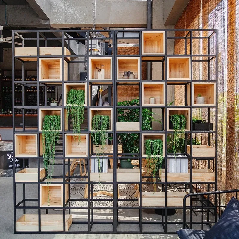 Floor to Ceiling Bookshelf Solid Wood Wrought Iron Room Divider Shelf Industrial Display Rack for Living Room Office Wall