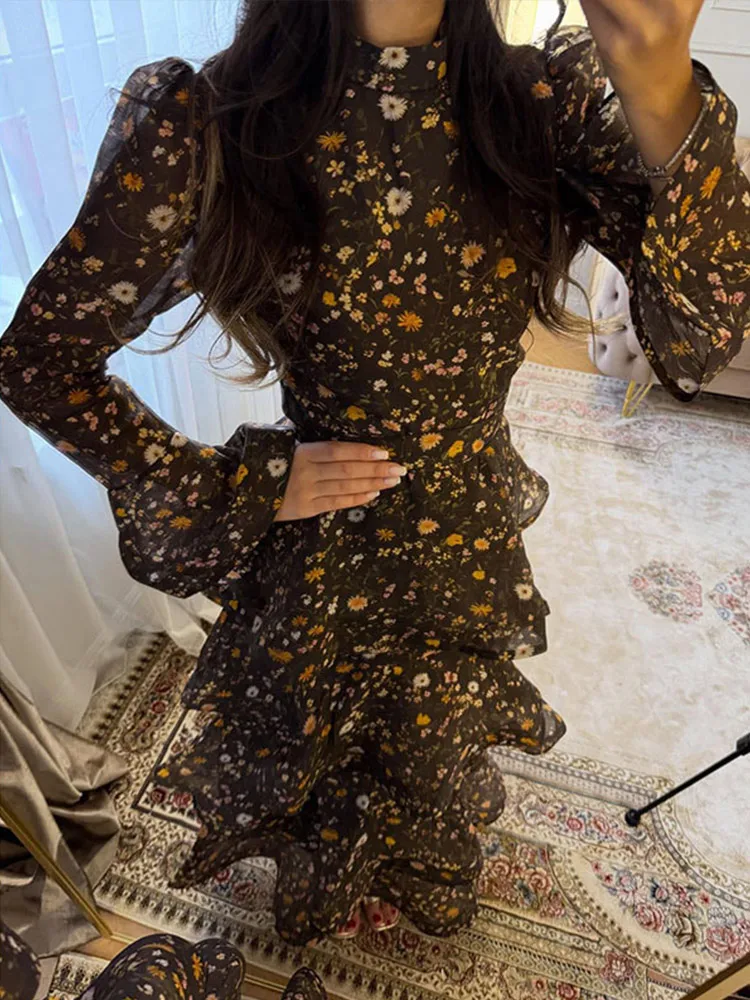 Elegant Floral Women's Cake Dress Bell-Bottomed Sleeve Stand Collar Waist-Closed Lady Dresses 2026 Summer Female Robe New