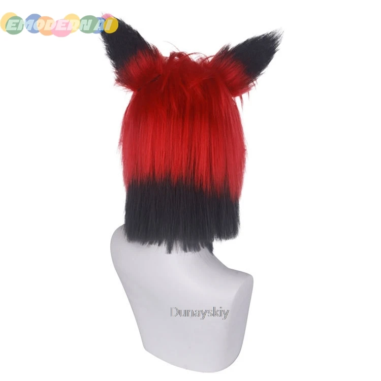 Hazzbin Cos Hotel Alastor Cosplay Peruca para Mulheres, Vermelho, Preto, Cabelo Curto, Resistente ao Calor, Cabelo Sintético, Halloween, Carnival Party Prop