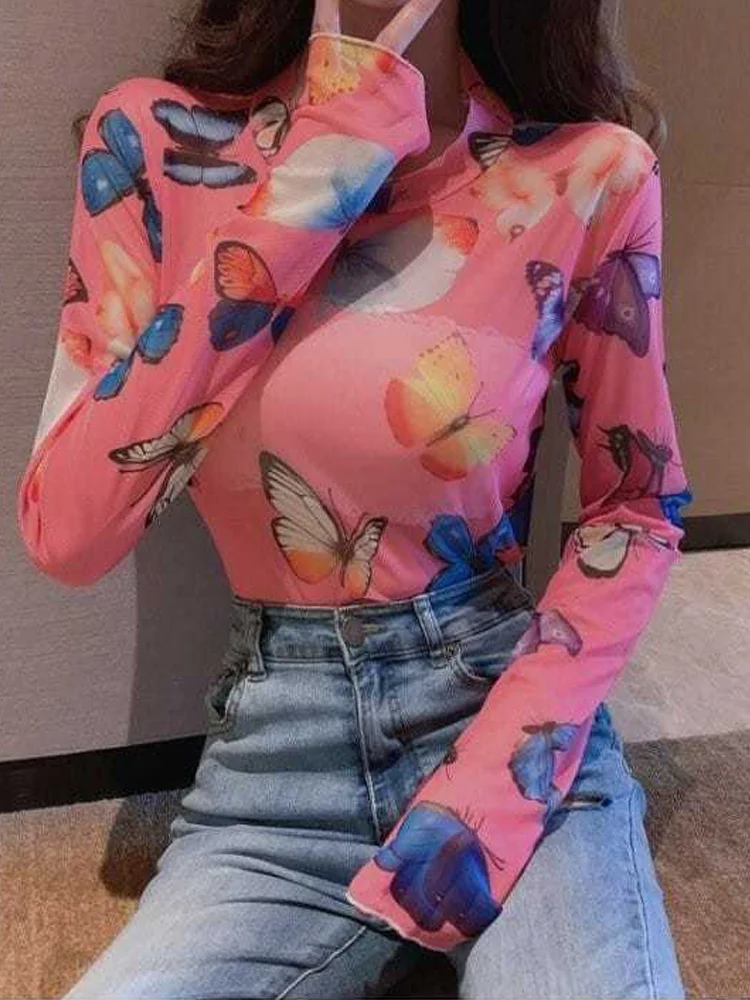 Women's Long Sleeve Butterfly Printed T Shirt, Sexy Transparent Mesh Top, Beach Female Clothes, Street Style, Summer, 2024