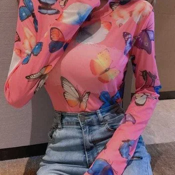 Women's Long Sleeve Butterfly Printed T Shirt, Sexy Transparent Mesh Top, Beach Female Clothes, Street Style, Summer, 2024