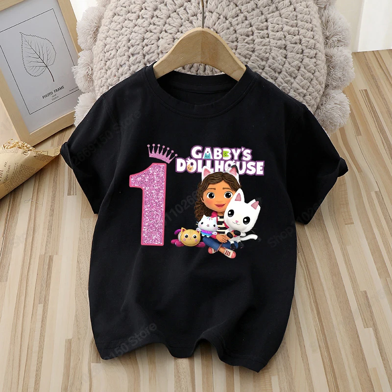 Gabby Dollhouses Kids Cartoon Cute T-shirt Children Anime Printed Clothes Summer Girls Casual Cotton Tops Birthday Number Tees