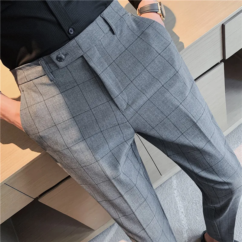 

2023 High Quality Men's Formal Pants Office Social Business Fashion Plaid Suit Pants Casual Slim Wedding Street Wear Trousers 38