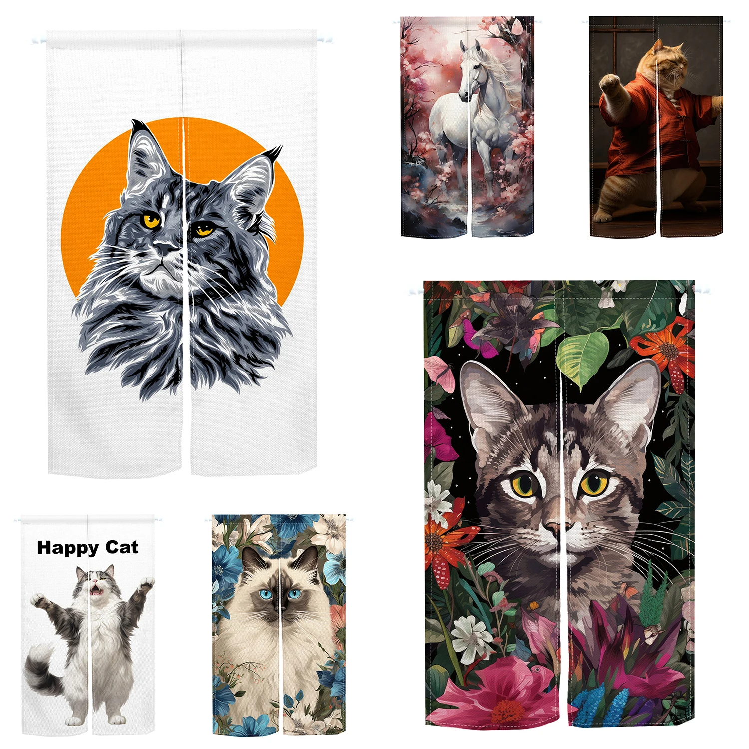 Cat Cafe Door Curtain Cute Funny Cat Portrait Siamese Persian Cat Flower Door Curtain Noren Bedroom Room Partition Half Curtain