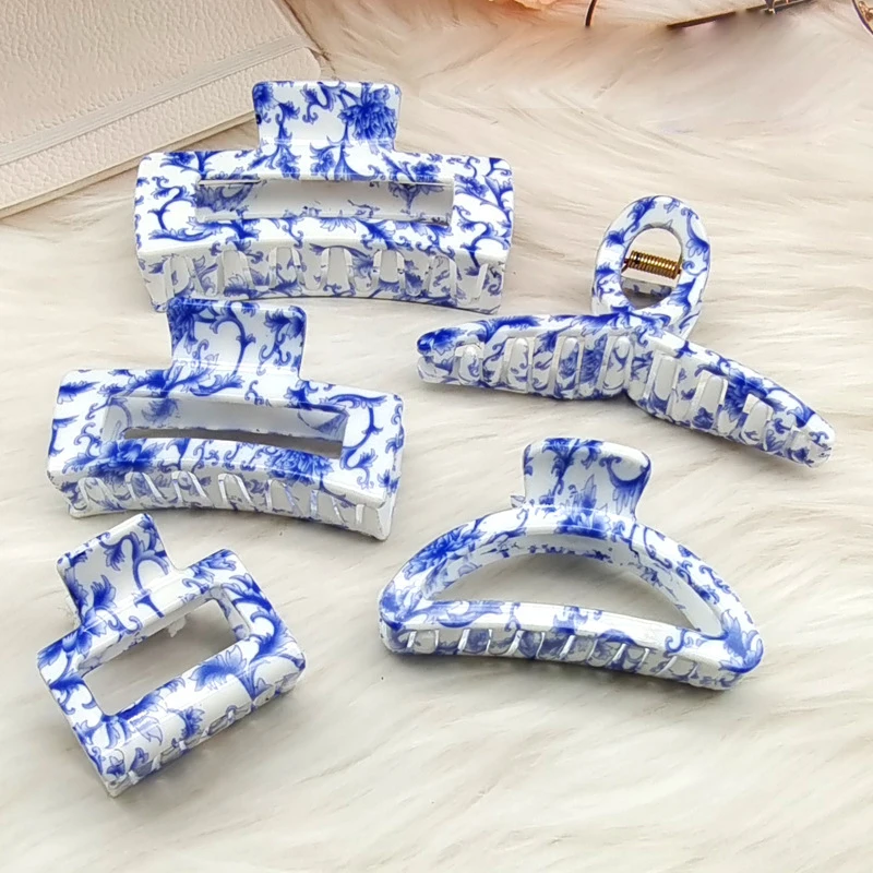 Nowy Vintage niebiesko-biały porcelanowy kolor pazury do włosów dla kobiet Barrettes szpilka spinki do włosów nakrycia głowy akcesoria do włosów Hairgrip