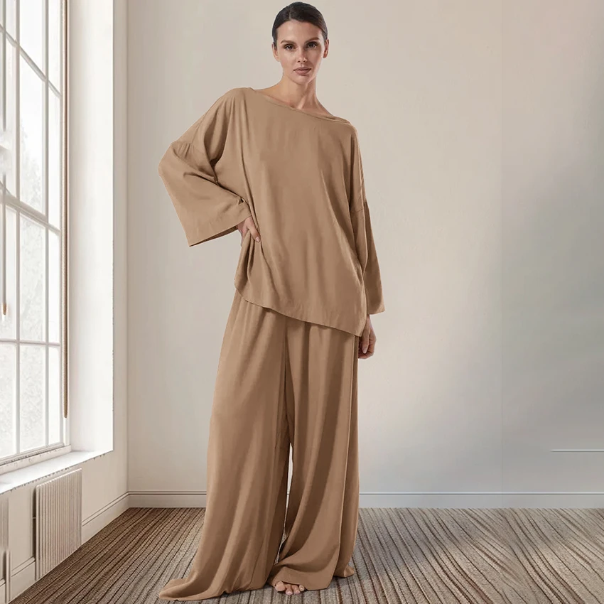 

Hiloc Elegant Brown Loose Long Pants Suits Casual Round Neck Long Sleeve Sheer Top And Elastic Waist Pants 2 Piece Home Sets