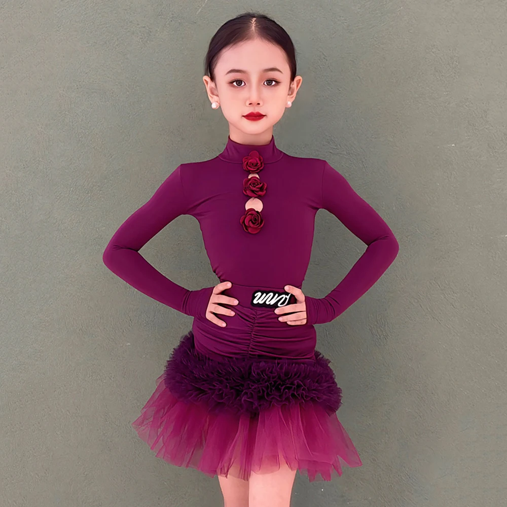 Kids Girls Latin Dance Long Sleeve Bodysuit Fold Ruffles Skirt Children Ballroom Rumba Dancewear Training Performance Costumes