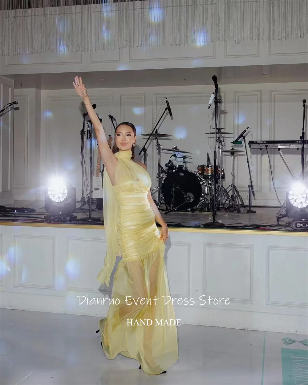 فساتين سهرة Dianruo Airy Yellow رسن على شكل حرف A بدون أكمام فساتين حفلات مكشكشة الوهم فلوي نادي مسائي مخصص