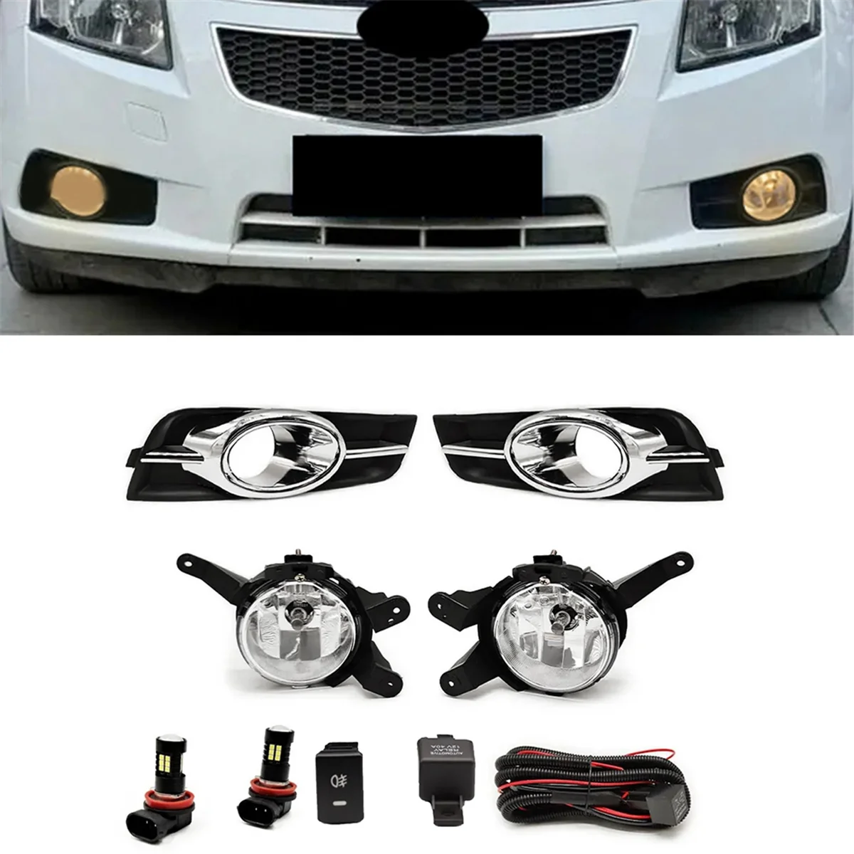 Car Front Bumper LED Fog Light Kits for Chevrolet Cruze 2009-2014 Chrome Fog Lamp Cover Grill Bezel Relay Switch Harness