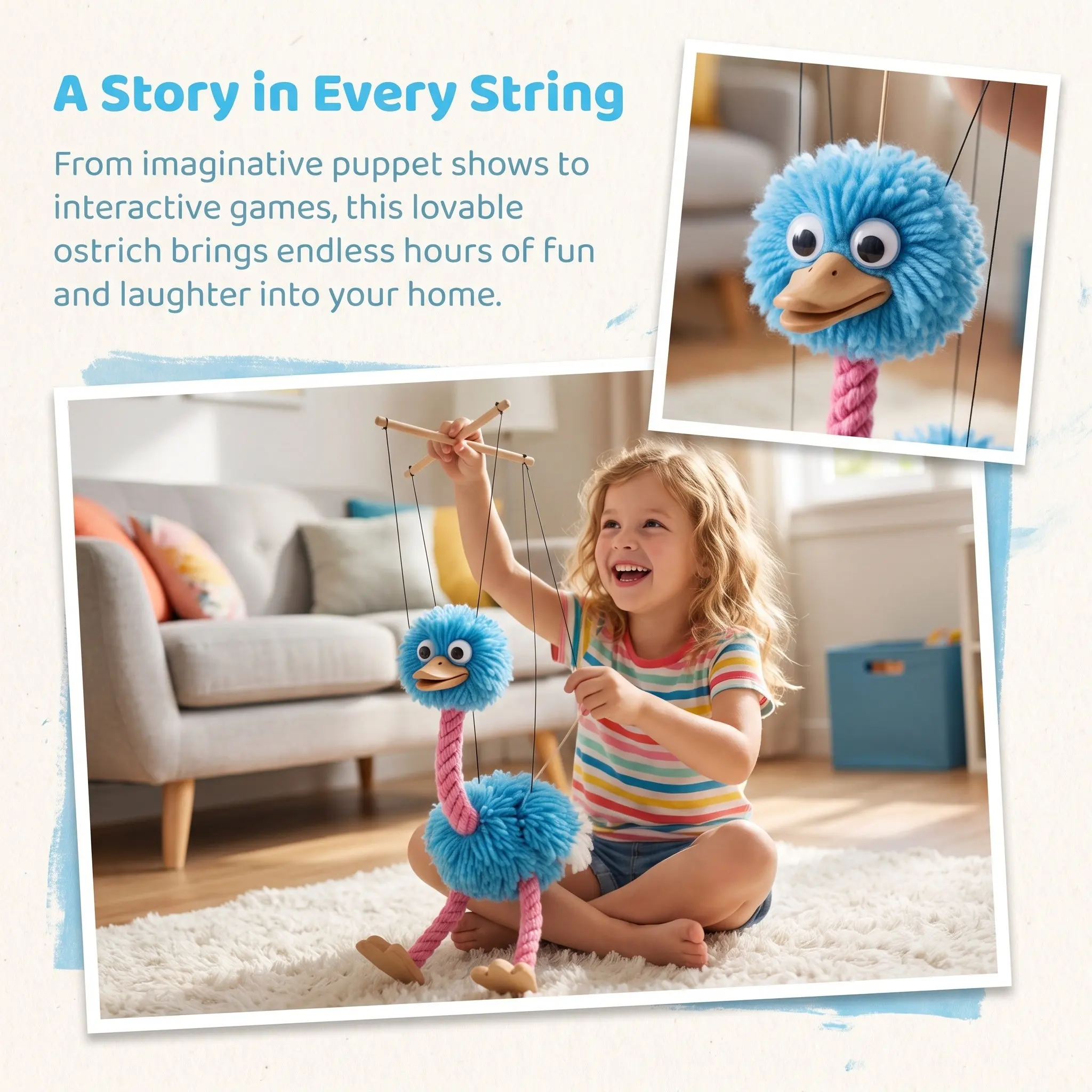 String Marionette Puppet Ostrich Shape Unique Funny Performance Prop for Kids Home Play Educational Motor Skills Development
