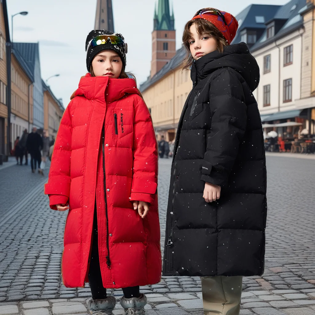 

Winter Kids Long Down Jacket Fashion Thicken Warm Coat for Boys Girls Red Mid-Length Casual Outerwear for Teens Children Parkas