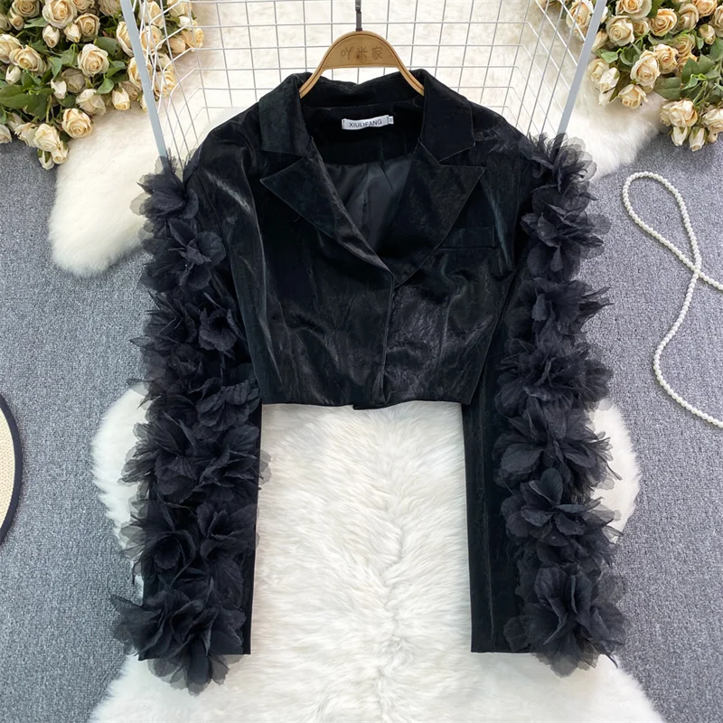 Fashion Mesh Flower Decoration Slim Short Faux Leather Jacket Spring Autumn Women Notched Collar Long Sleeve Black Biker Jacket