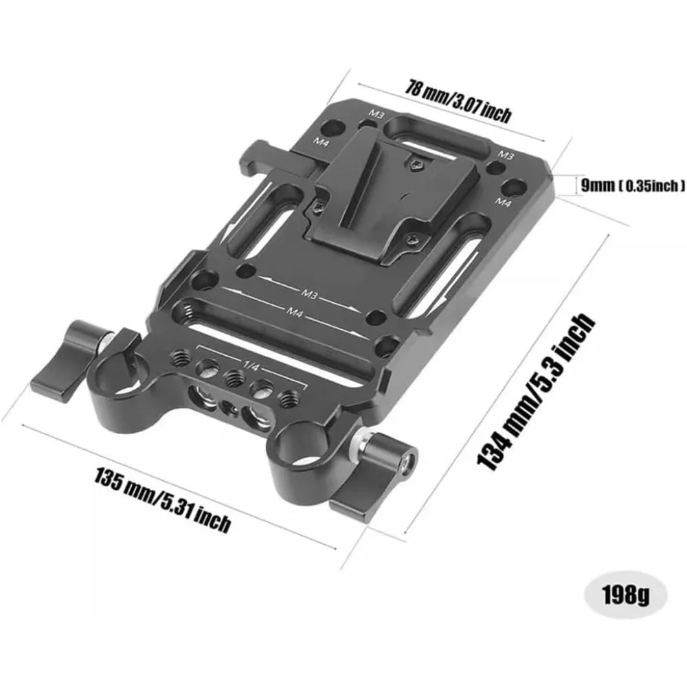 Power Solution V-Mount Battery Plate Quick Release Plate with Dual 15mm Rod Clamp M3&M4 and 1/4