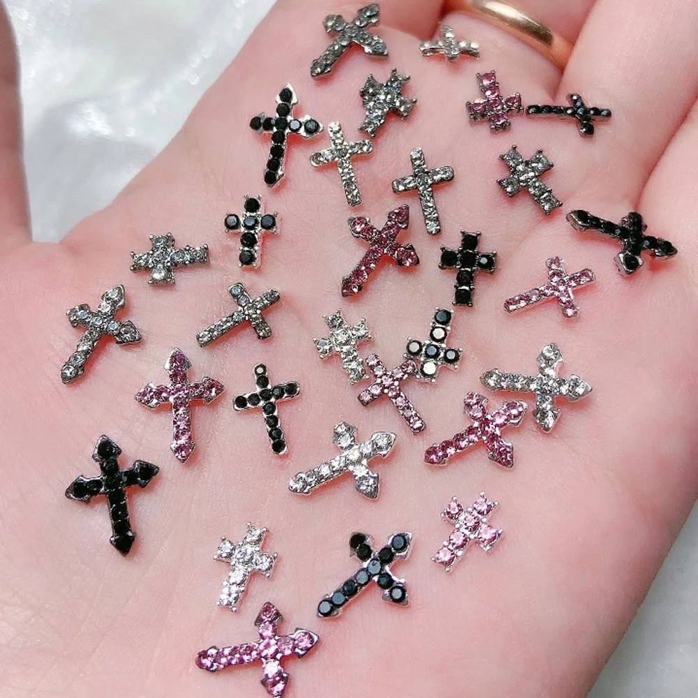Mini diamantes de imitación 3D para decoración de uñas, diamantes de imitación de plata/Negro/rosa, Cruz 3D, 10 piezas