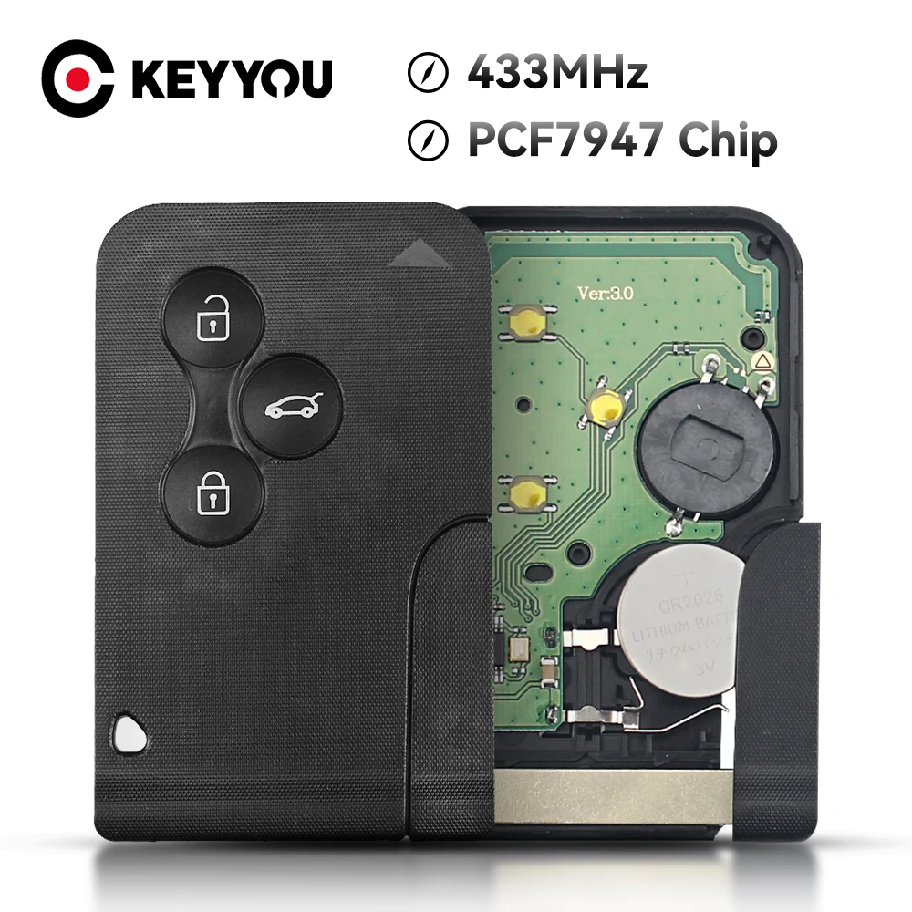 

KEYYOU ID46 PCF7947 Chip Remote Key 3 Buttons 433Mhz For Renault Clio Logan Megane 2 3 Scenic Smart Card Emergency Insert Key