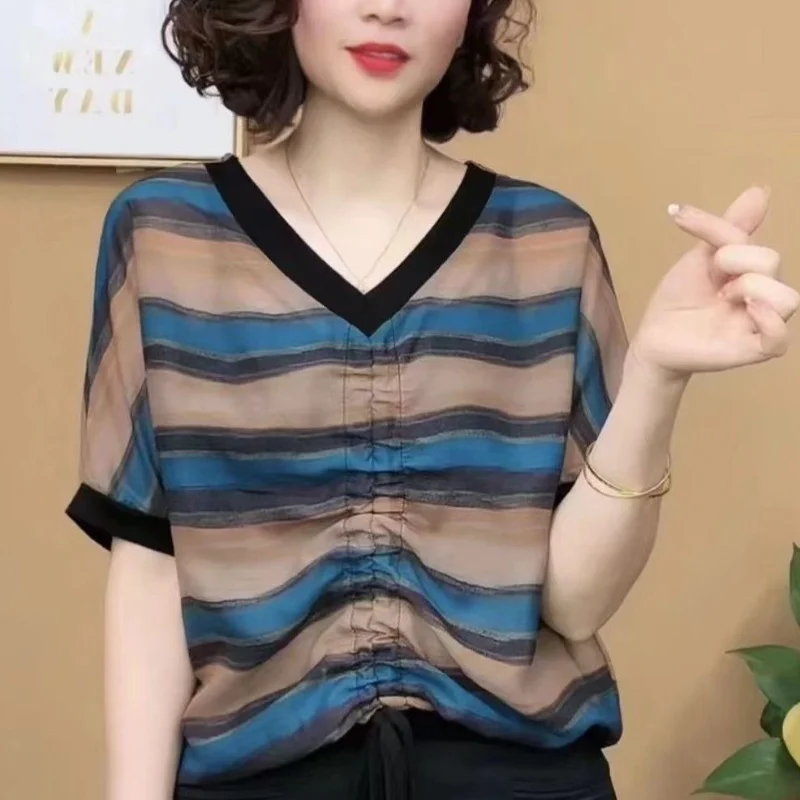 

Летняя темпераментная женская рубашка с короткими рукавами, новый стиль, полосатая модная маленькая рубашка в западном стиле, универсальный утягивающий элегантный топ