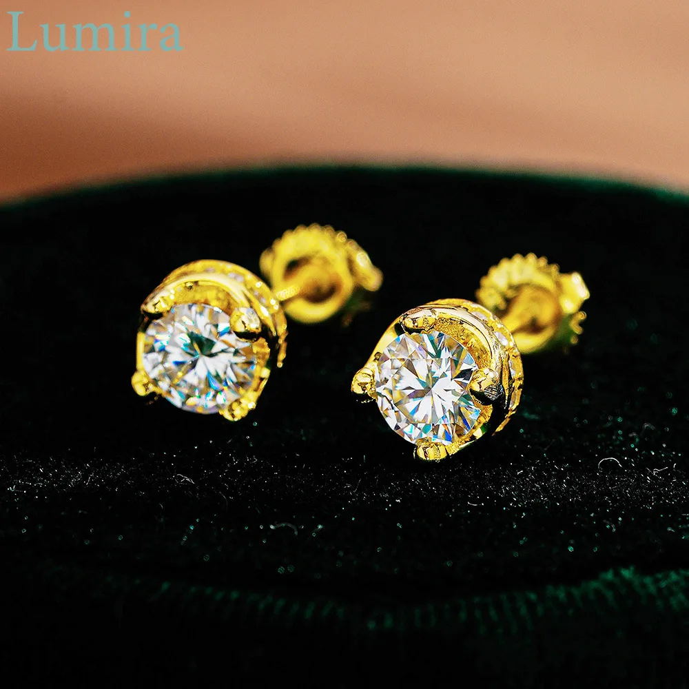 Lumira Elegant Round Crown Platinum PT950 Stud Earrings Generously Set Moissanite 18k Gold Eat Studs for Women Valentines Gift