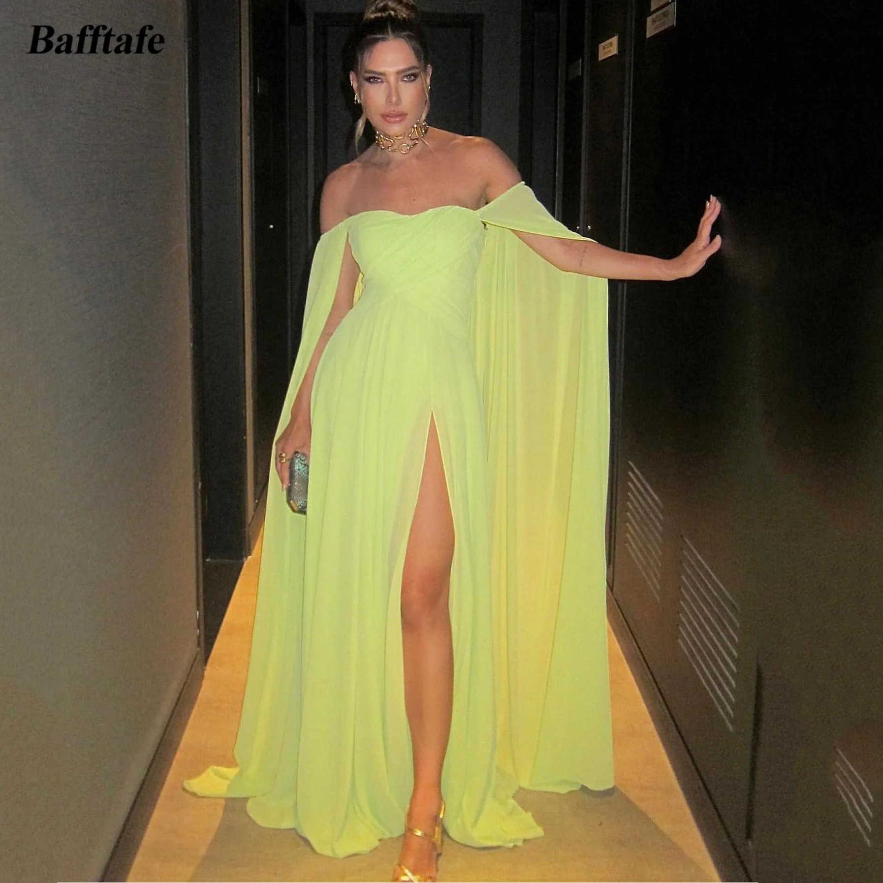 Bafftafe A Line Chiffon Saudi Arabia Women Prom Dresses Customized Long Cap Sleeves Slit Pleats Evening Party Dress Formal Gowns