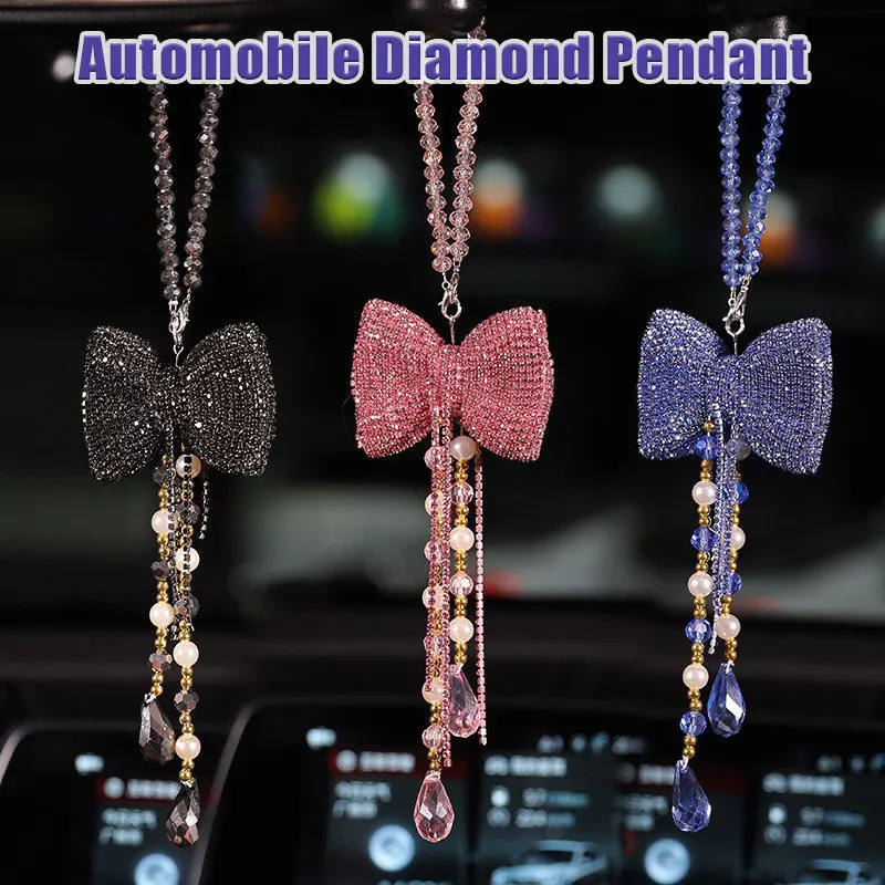 1pc Creative Bow Tassel Pendant Bling Crystal Car Rear View Mirror Hangings Diamond Charms Ornament Car Accessories Women Gift