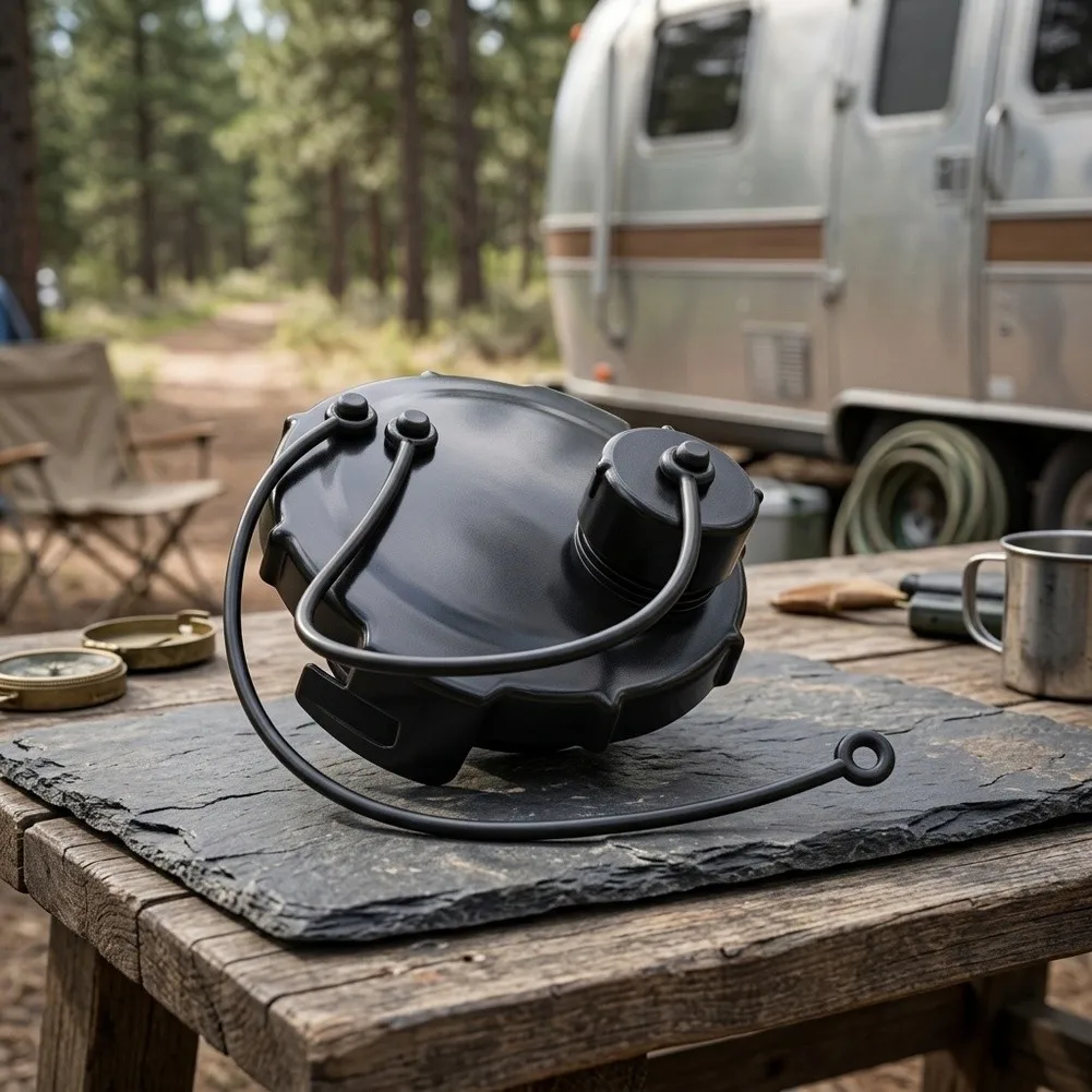 Standard Size RV Sewage Tank Cover with 3.75 Inch Diameter ABS Material Sealing Gasket and Tethered Secure Locking Design
