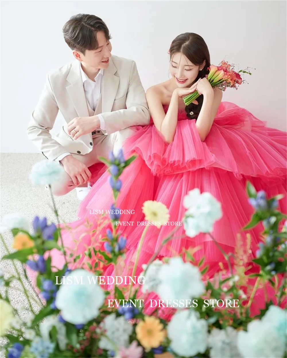 LISM gaun malam Korea Rose Red A Line, pemotretan foto Ruffles peri Tulle terbungkus Tiered pernikahan Prom Formal gaun acara 2024