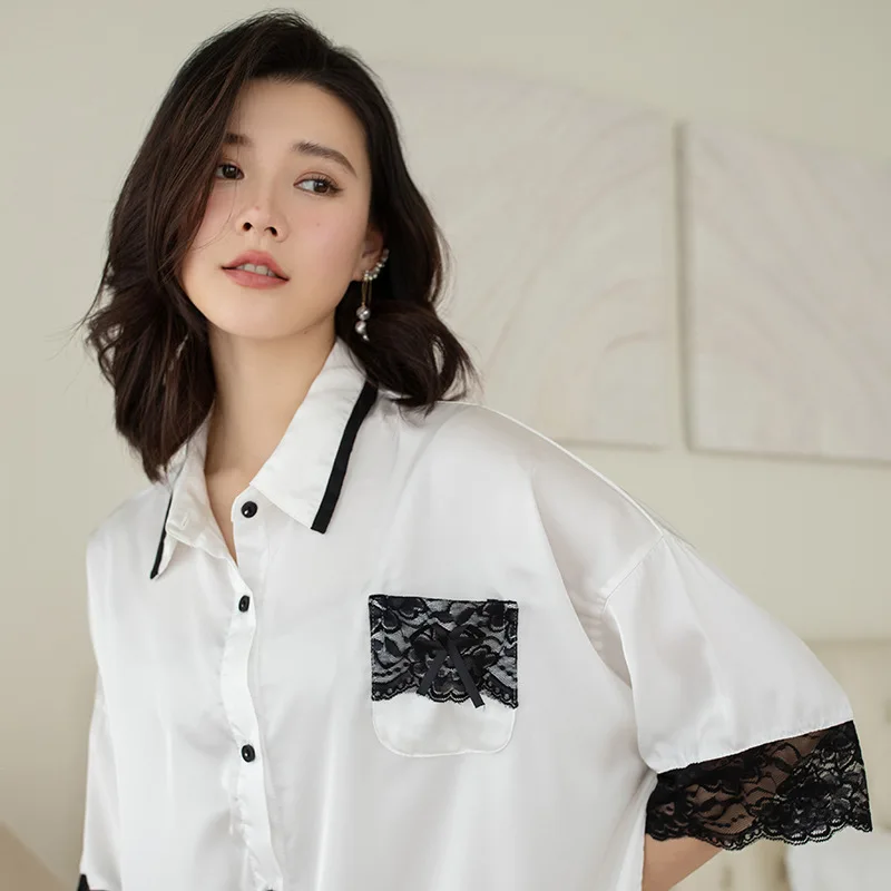 Sexy Lace Patchwork Nightgown Summer New Women Sleepshirt Casual Satin Nightwear Intimate Lingerie Short Nightdress Homewear