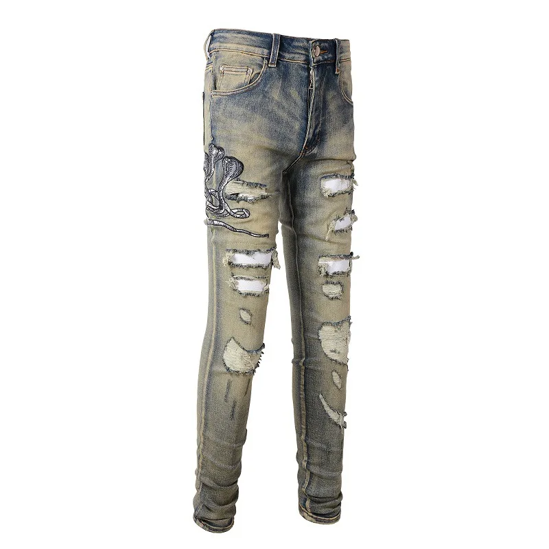 

High Street Men's Denim Jeans Embroidered Ripped Pants Vintage Small Foot Fit