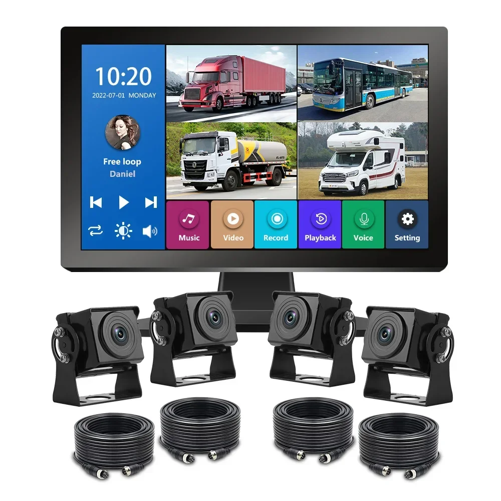 New Design 4ch Dvr Touch Screen Reverse Rv Truck Side Camera Quad Split Monitor Truck Dash Cam 4k Driving Recorder Alarm System