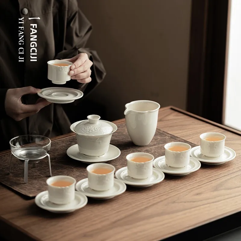 

Элитный фарфоровый чайный сервиз из Дэхуа с крышкой и чашкой, дизайн «Облака», для чаепития, набор из пяти предметов «Пять знаменитых печей», подарочный набор для домашнего использования