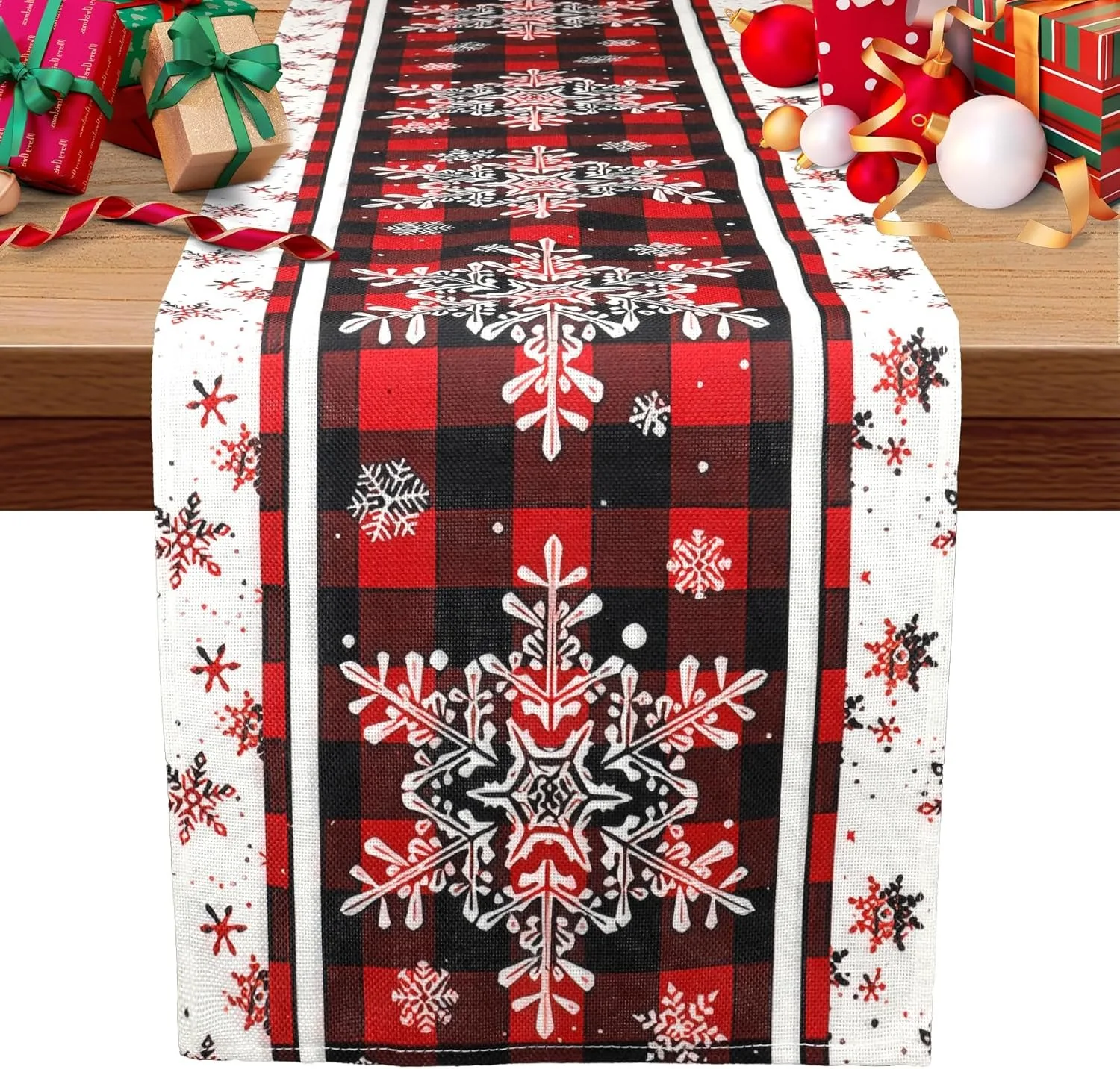 Bandera navideña de copo de nieve a cuadros de búfalo, decoración festiva para tus comidas navideñas, decoración de fiesta en casa de Año Nuevo