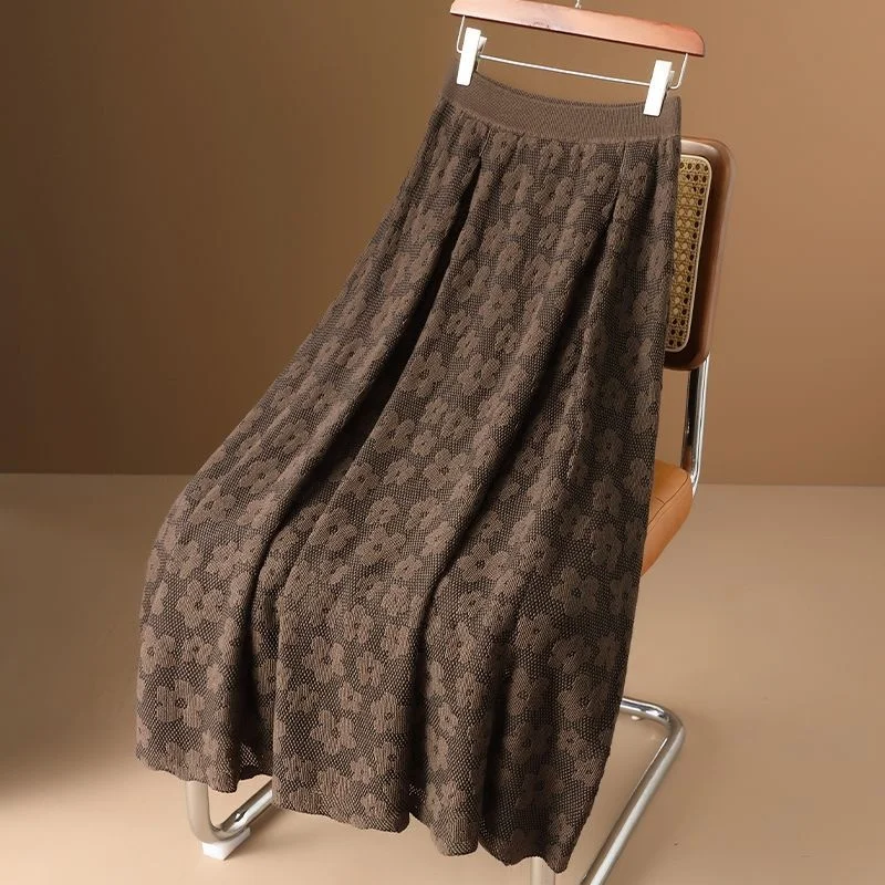 New Fashion Flower Jacquard Knitted Skirt Women Elegant High Waist Casual Loose A-line Midi Skirts Elegant Autumn Winter Jupe